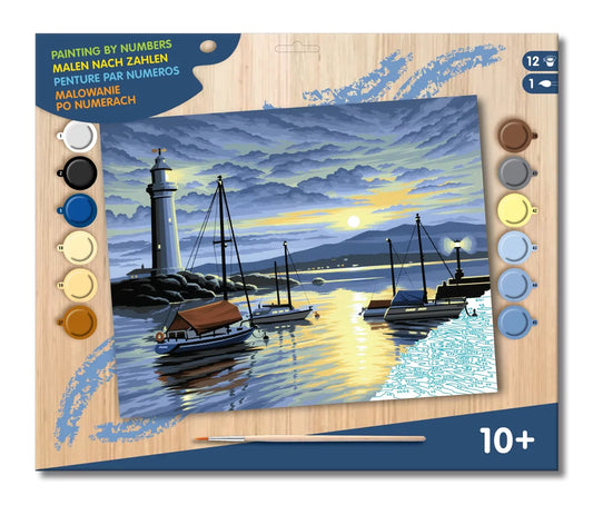 Painting by numbers kit with lighthouse and boats design on a wooden board.