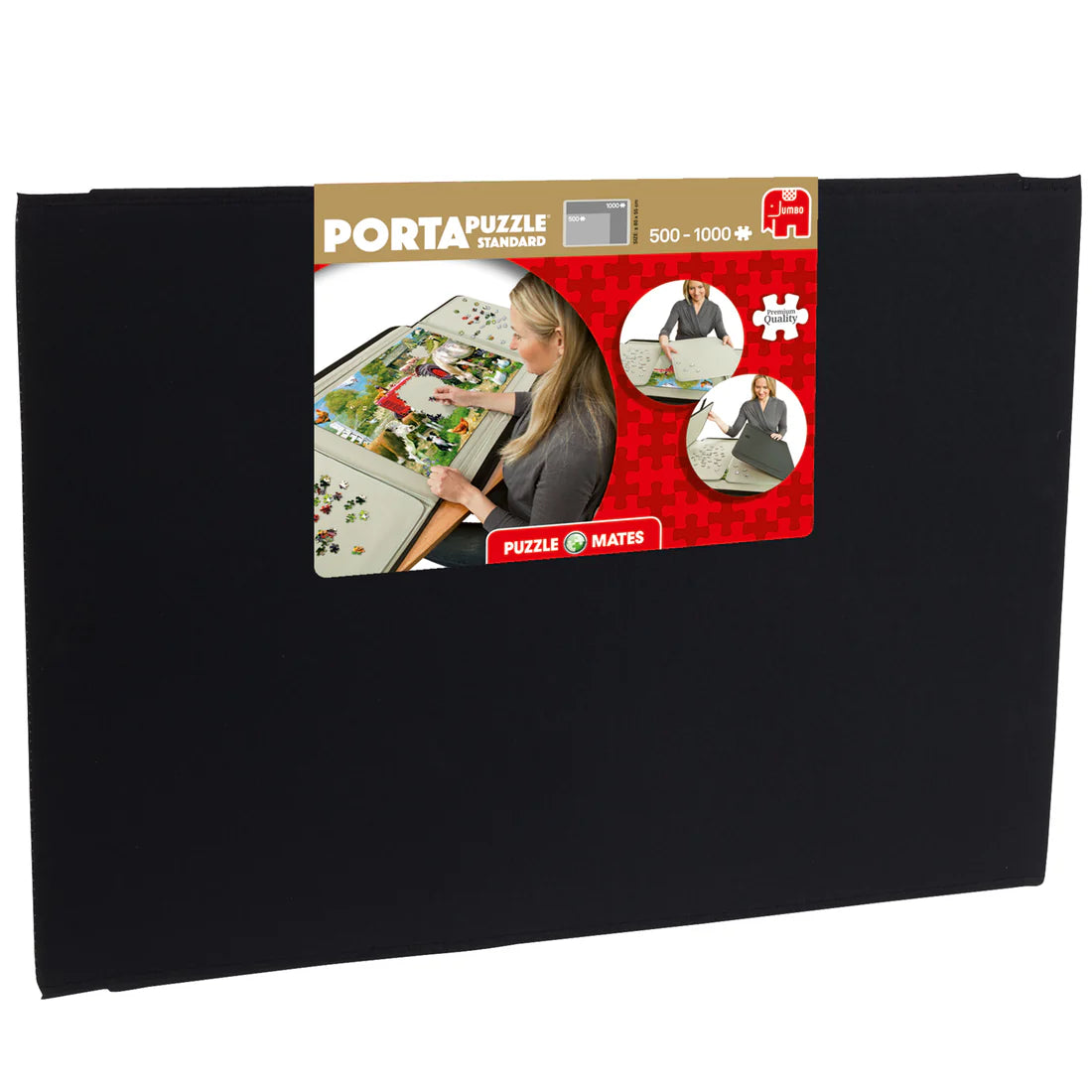 Black puzzle mat with Jumbo branding and images of people working on puzzles.