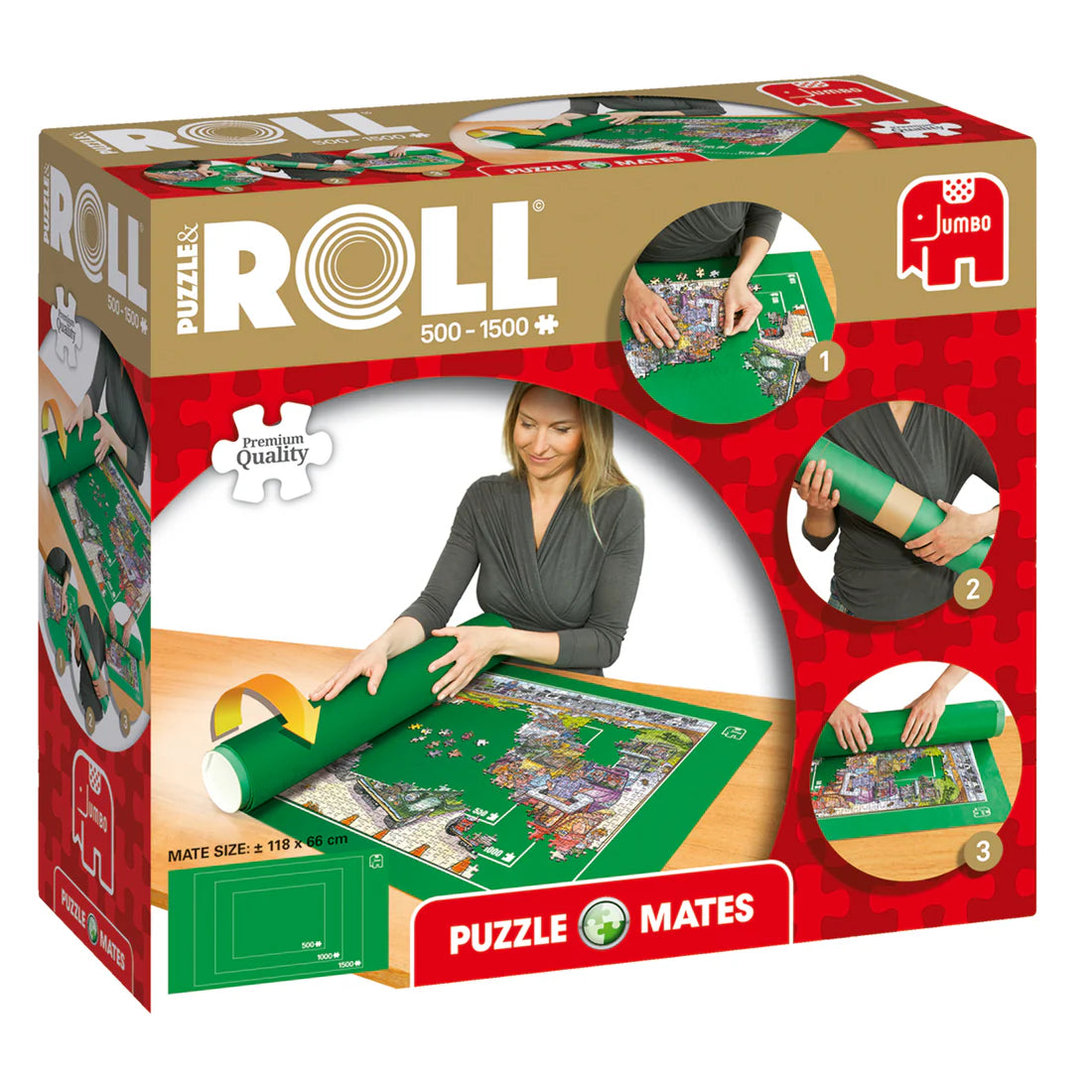 Jumbo Puzzle Mates Roll & Roll packaging with a woman unrolling a puzzle