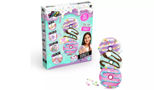 Donut-themed toy set with packaging on a white background