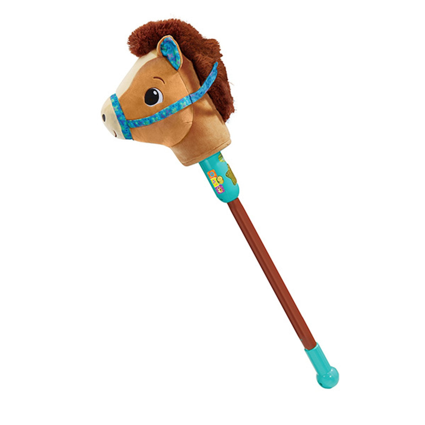 Plush horse toy with a brown body, blue bridle, and turquoise accents on a white background