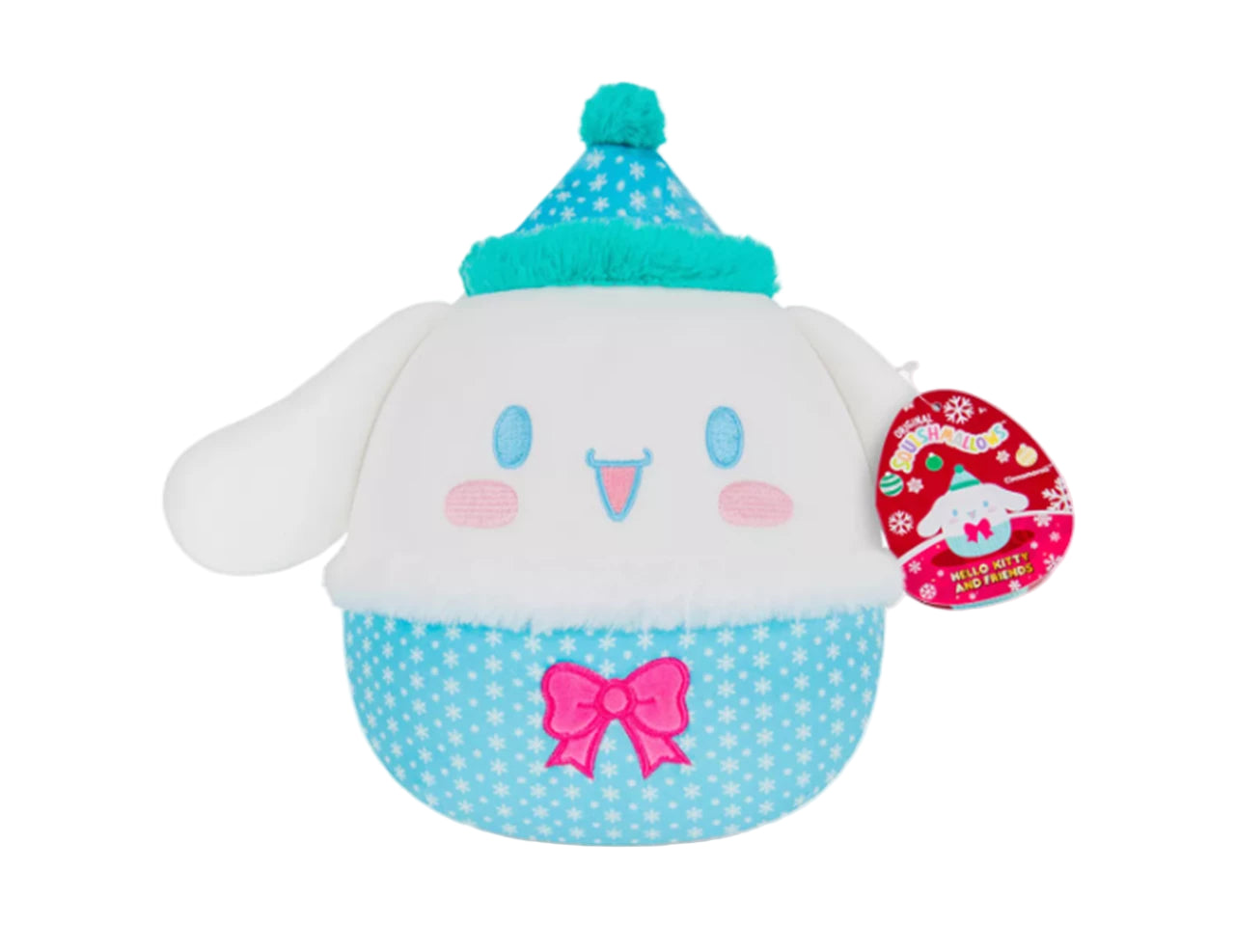 Plush toy with a blue polka dot hat and pink bow on a white background