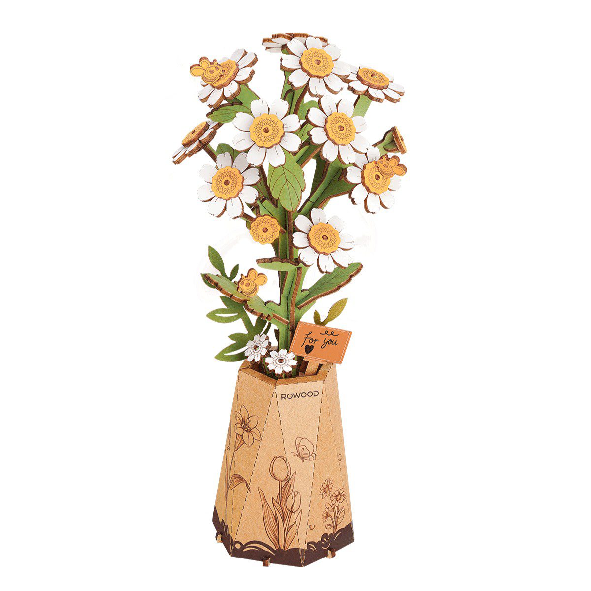 Decorative flower arrangement with a wooden vase on a white background