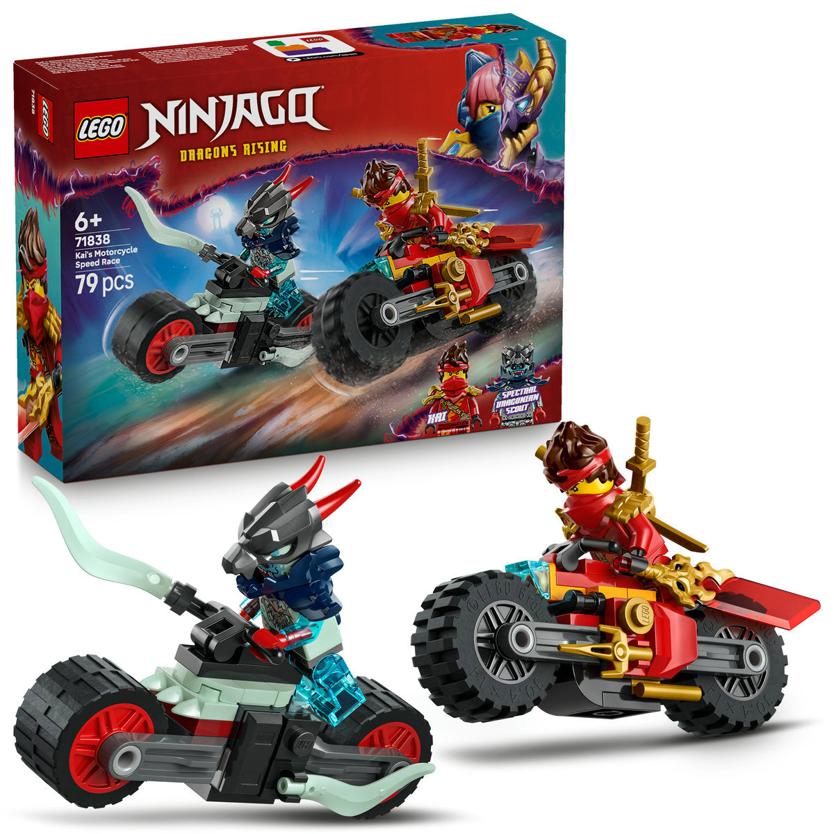 LEGO NINJAGO Kai’s Motorcycle Speed Race Playset with 2 Ninja Bike Toys 71838