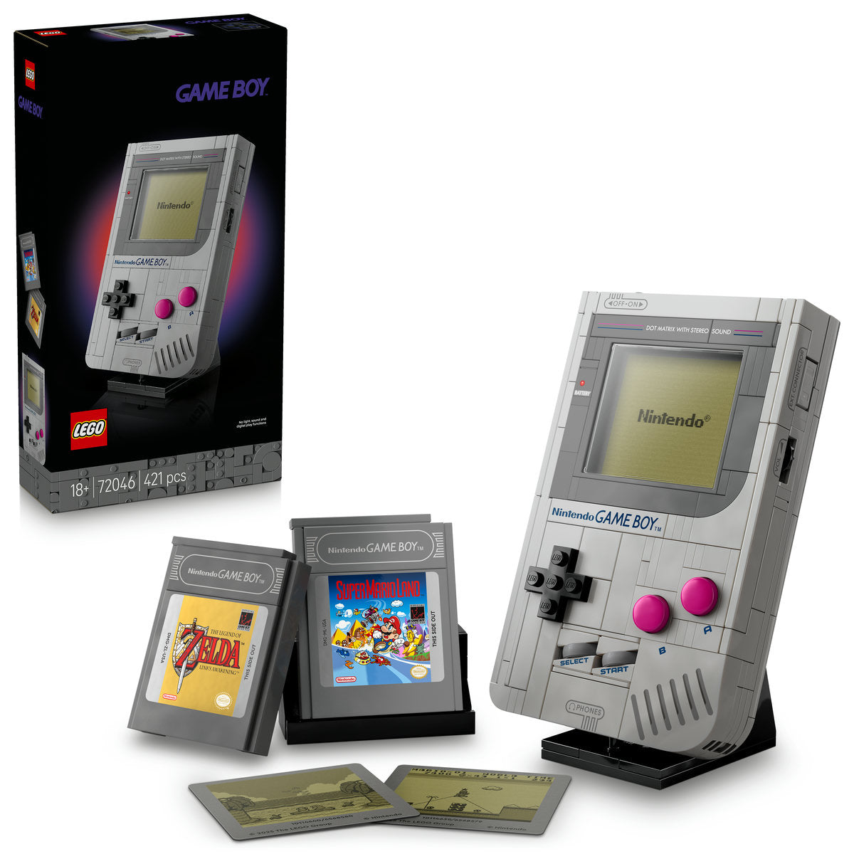 LEGO Nintendo Game Boy set with packaging and games on a white background