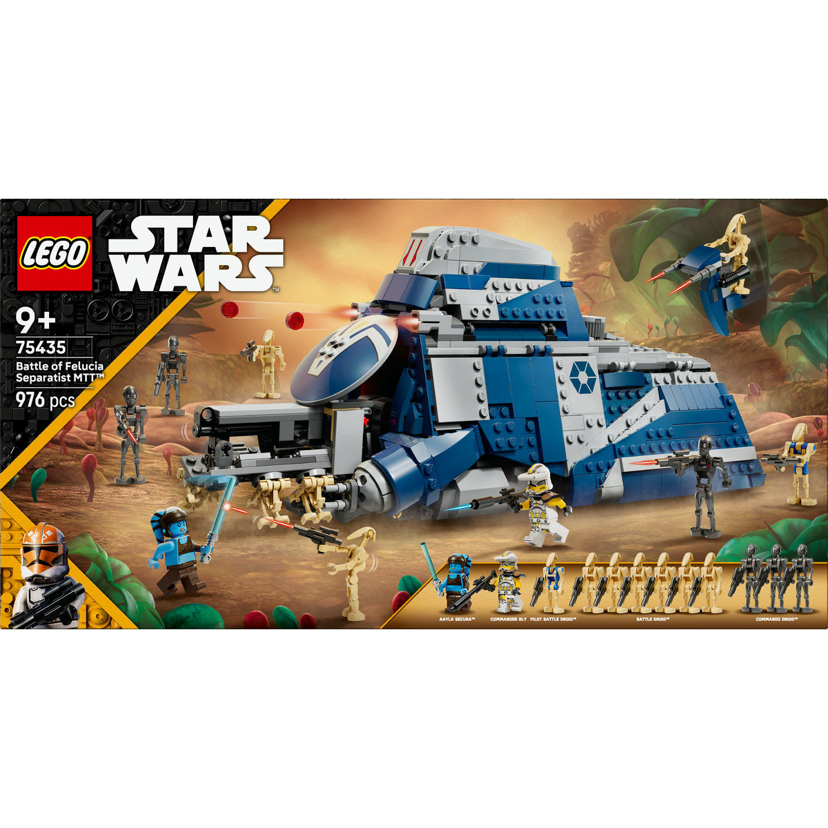 LEGO Star Wars set with spaceship and figures on a desert planet background