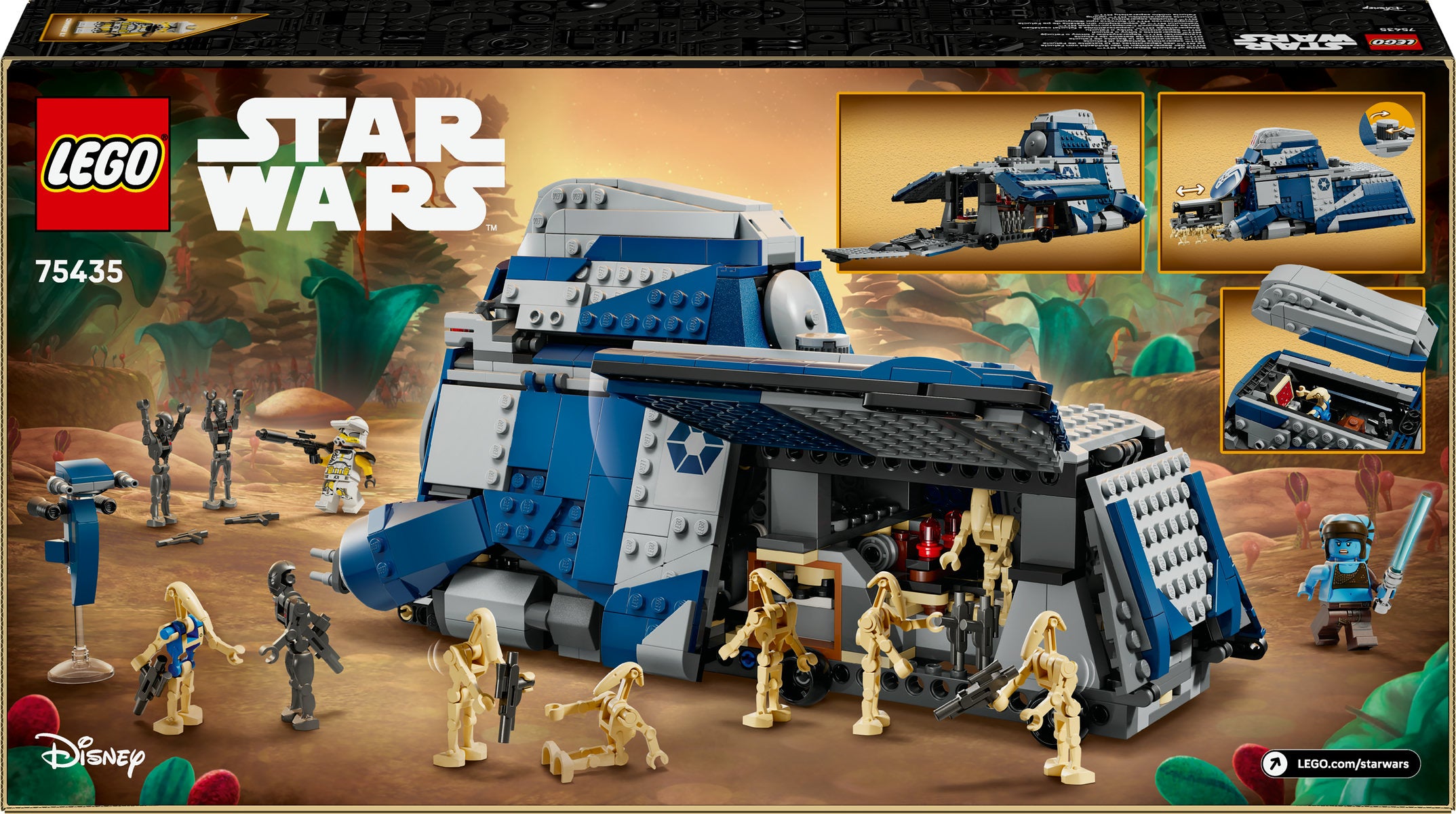 LEGO Star Wars set packaging with characters and vehicles on a desert landscape background