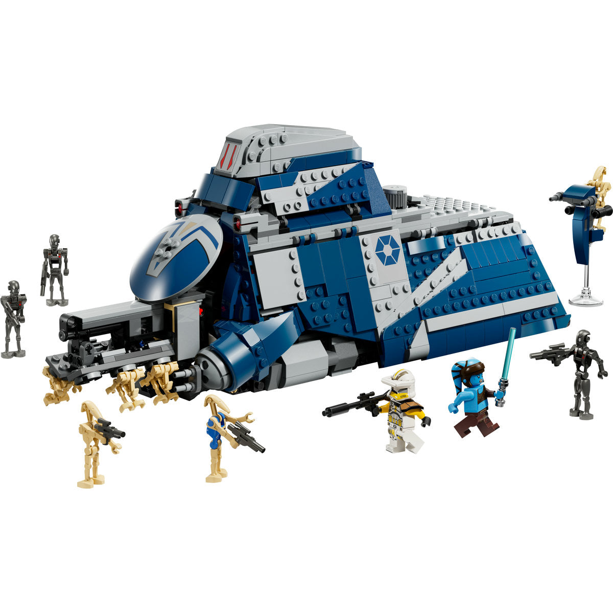 LEGO set with a large spaceship and multiple figures on a white background