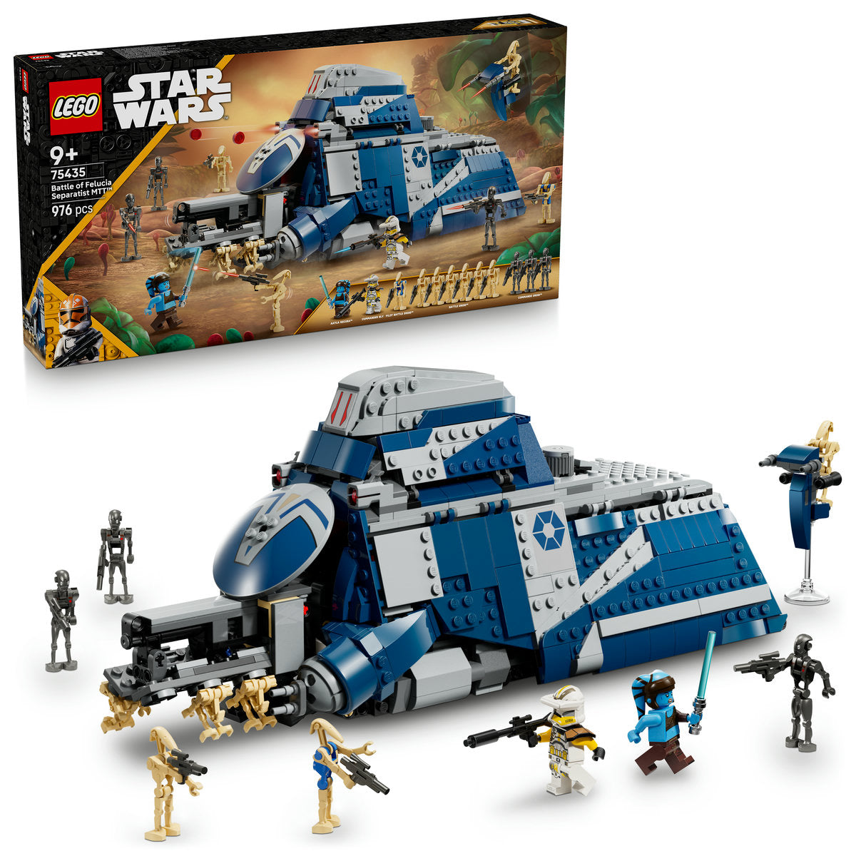 LEGO Star Wars set with blue and gray spaceship and figures on a white background