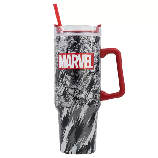 Marvel-themed tumbler with red handle and straw on a white background