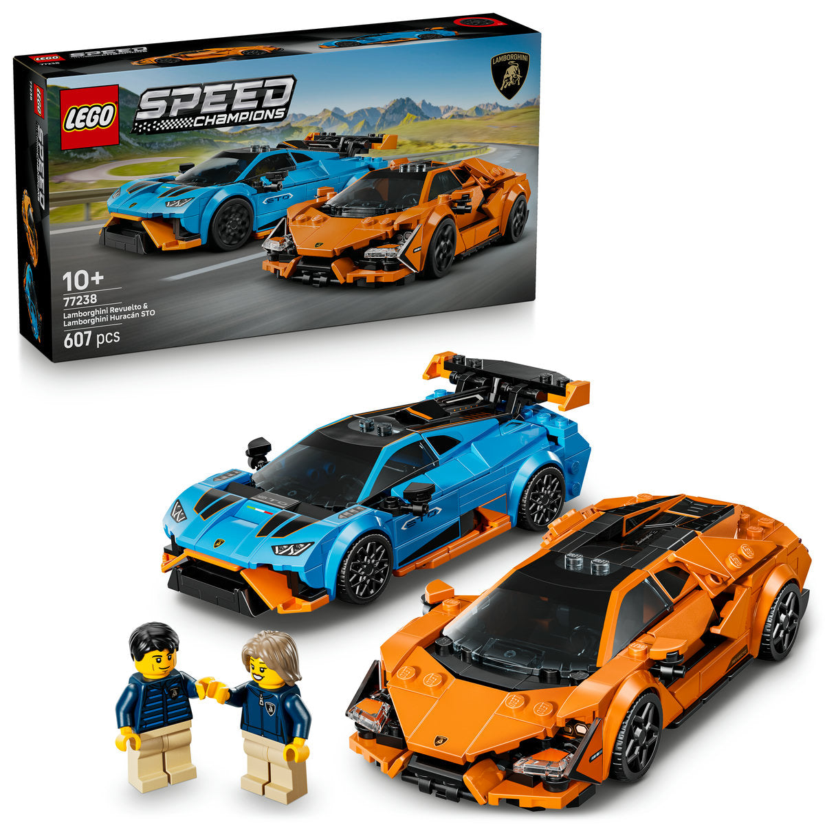 LEGO Speed Champions Lamborghini set with packaging and two minifigures on a white background
