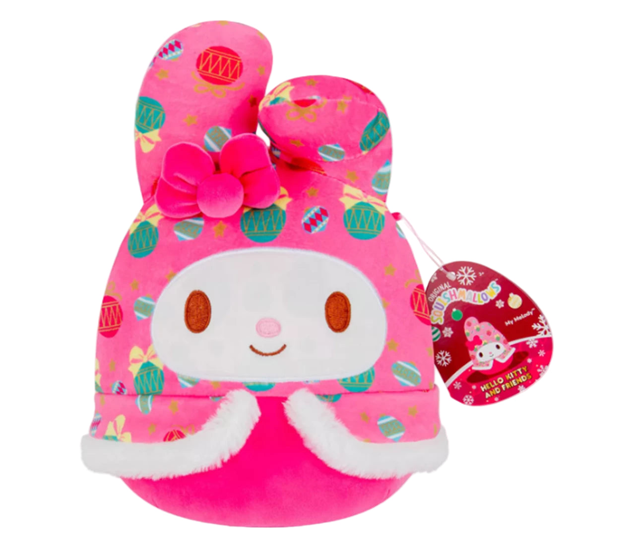 Pink plush toy with a cartoon face and colorful patterns on a white background