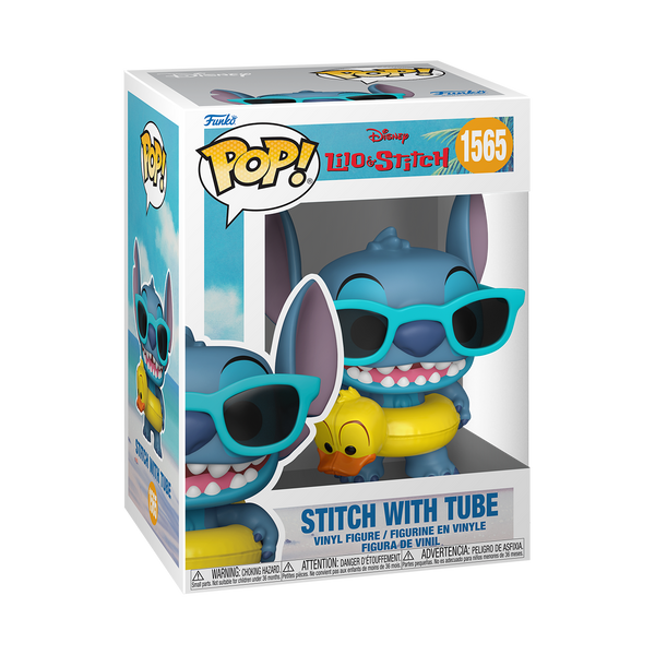 Funko Pop! packaging of Stitch with sunglasses and a tube, featuring the Funko logo and Disney branding.