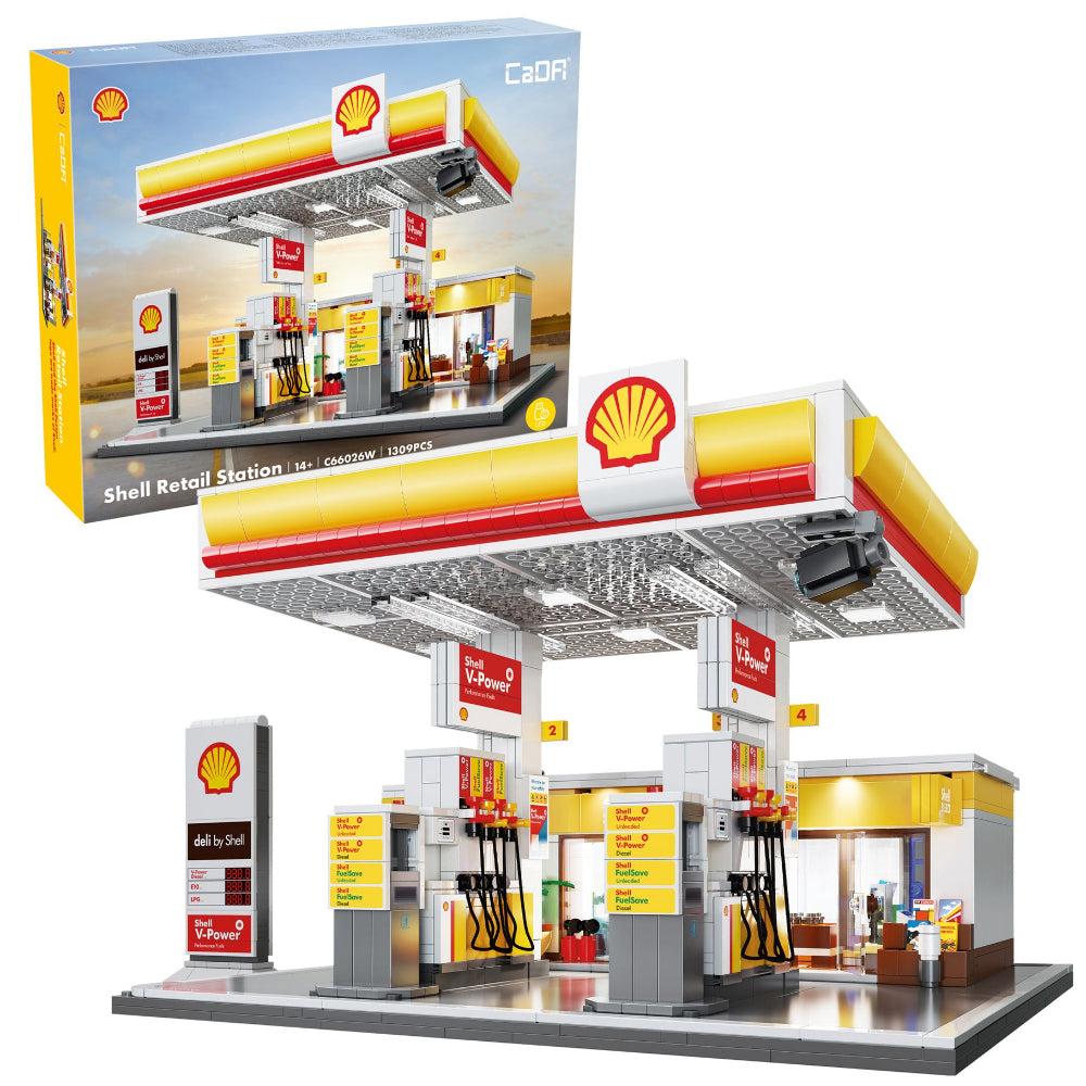 Model Shell gas station with packaging displaying the Shell logo.