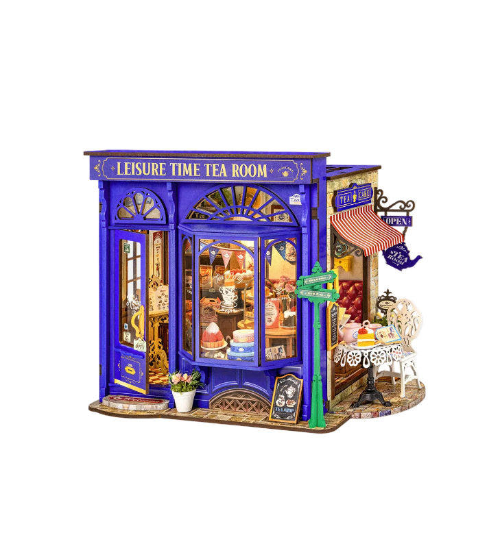 Model of a tea room with a blue facade and decorative elements on a white background