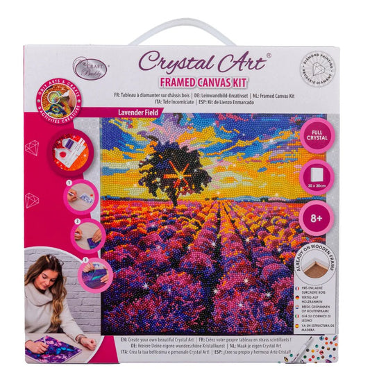 Crystal Art framed canvas kit packaging with lavender field design