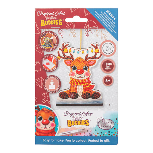 Packaging of Crystal Art Festive Buddies reindeer figurine on a white background