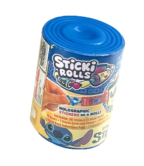 Container of Sticki Rolls with colorful design on a white background
