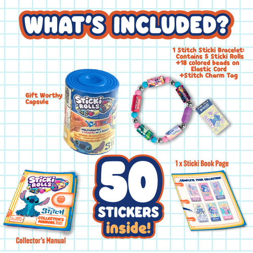 Stitchi Rolls product set with bracelet, capsule, and stickers on a grid background