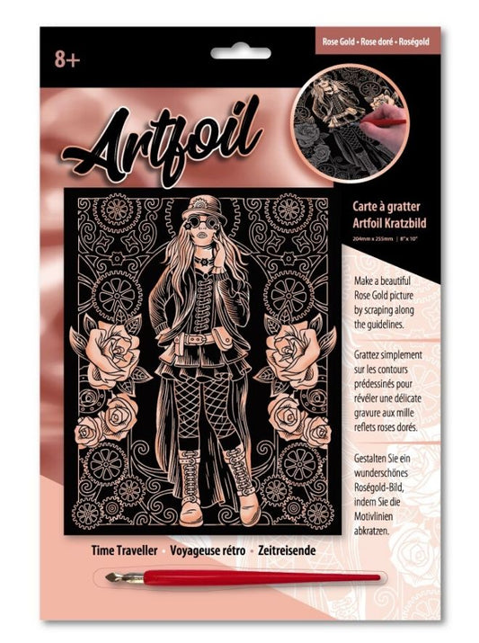 Artfoil gold foil kit packaging with illustration of a time traveller and rose gold foil sheet.