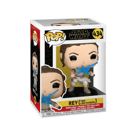 Funko Pop! Rey figure with two light sabers in packaging