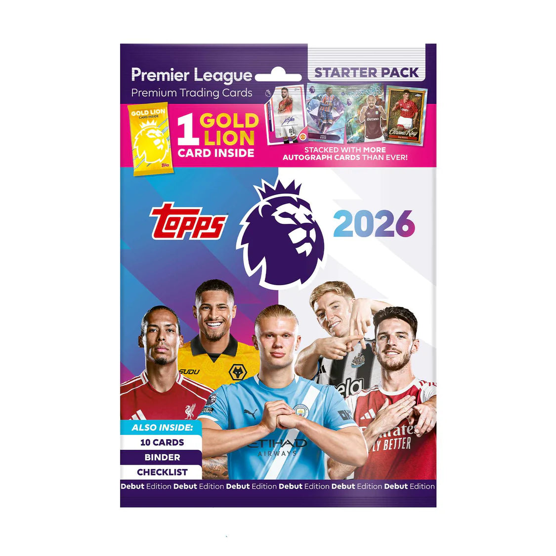 Topps Premier League trading card pack with player images and branding on a white background