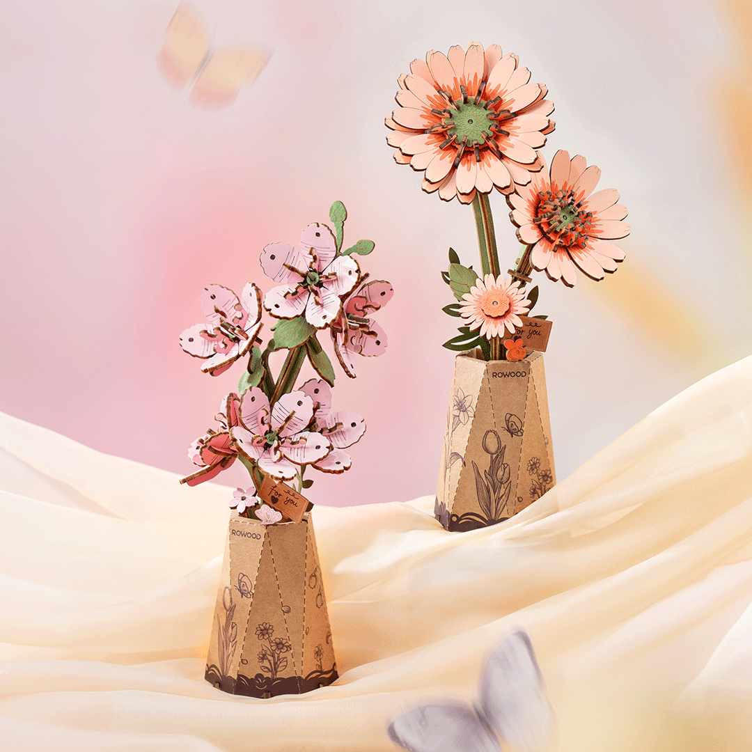 Rowood Light Orange Gerbera Daisy Wooden Flower Model Kit