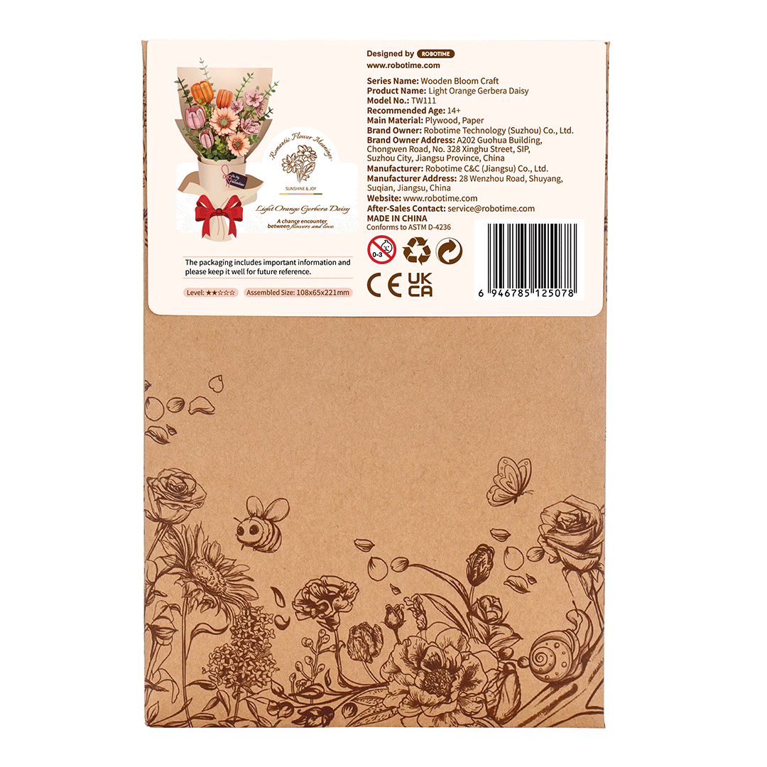 Rowood Light Orange Gerbera Daisy Wooden Flower Model Kit