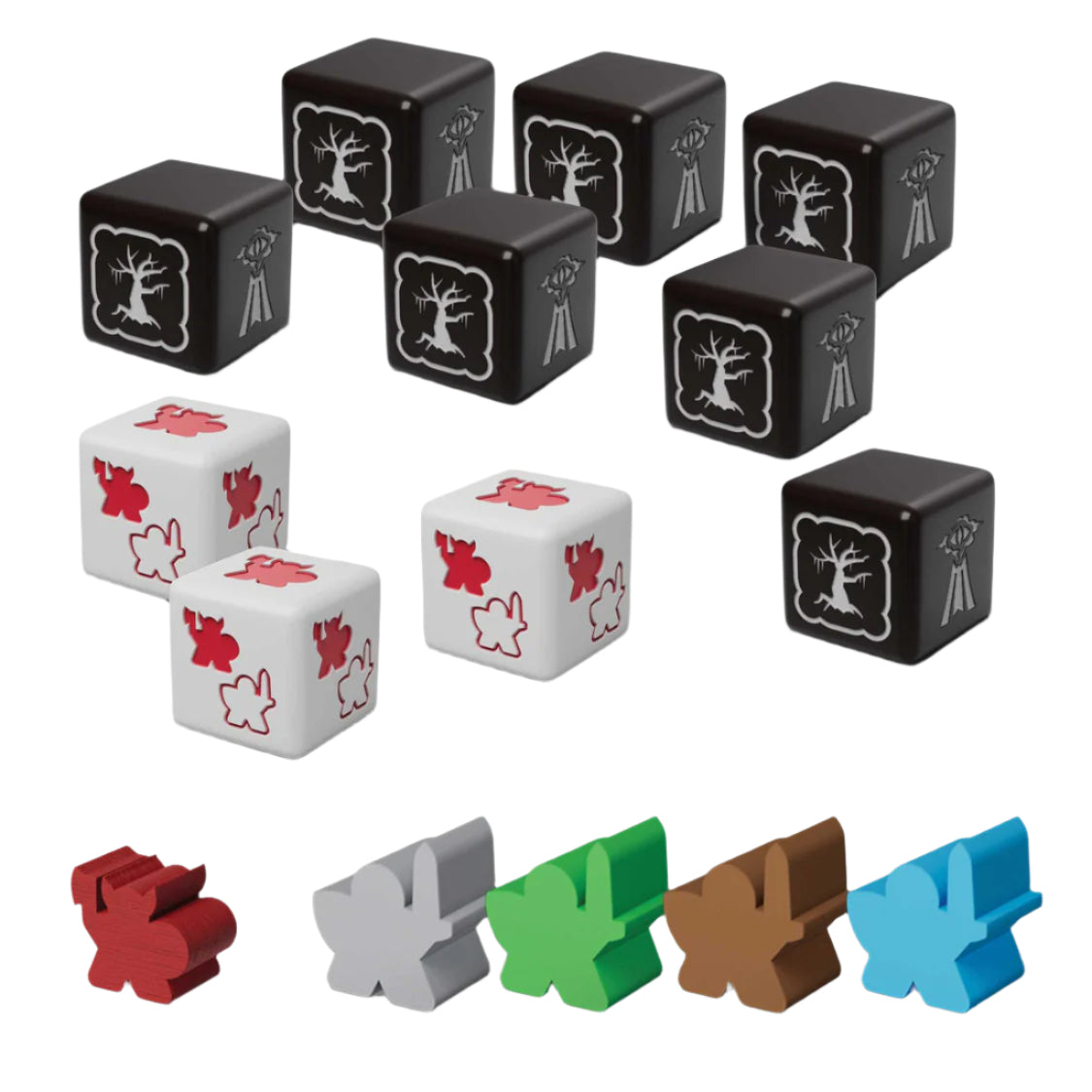 Set of black and white dice with tree designs and colorful character pieces on a white background.