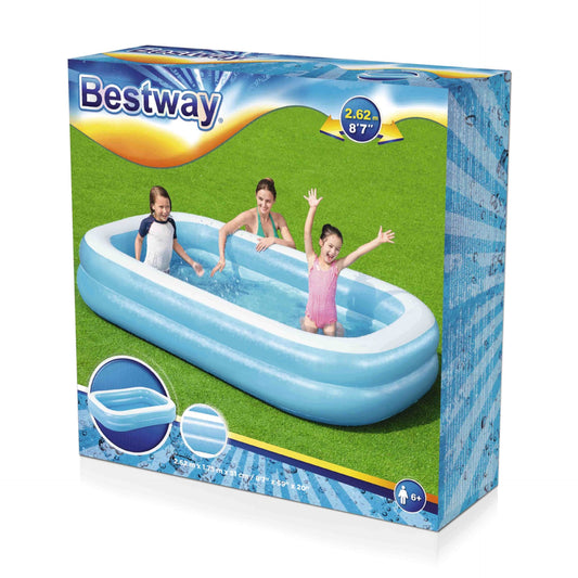 Inflatable pool packaging with 'Bestway' branding and images of children playing.