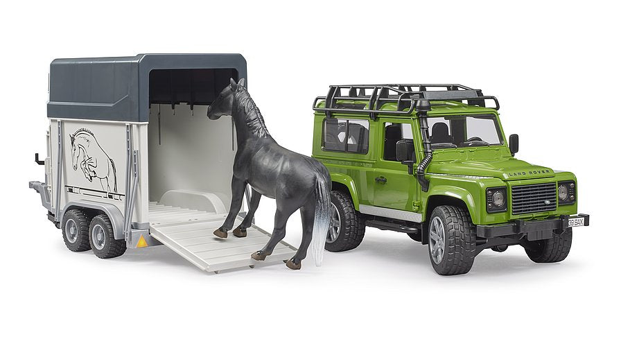Bruder Land Rover Defender W Horse Trailer & Horse