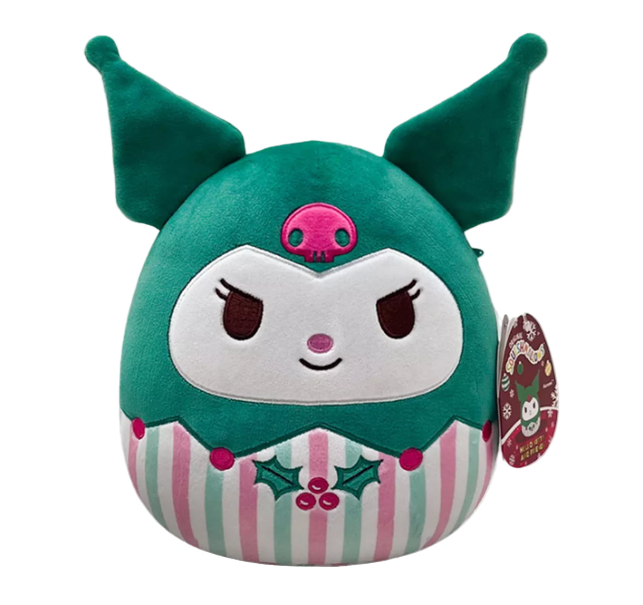 Plush toy with green head and striped body on a white background