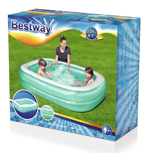 Bestway inflatable pool packaging with family playing outdoors