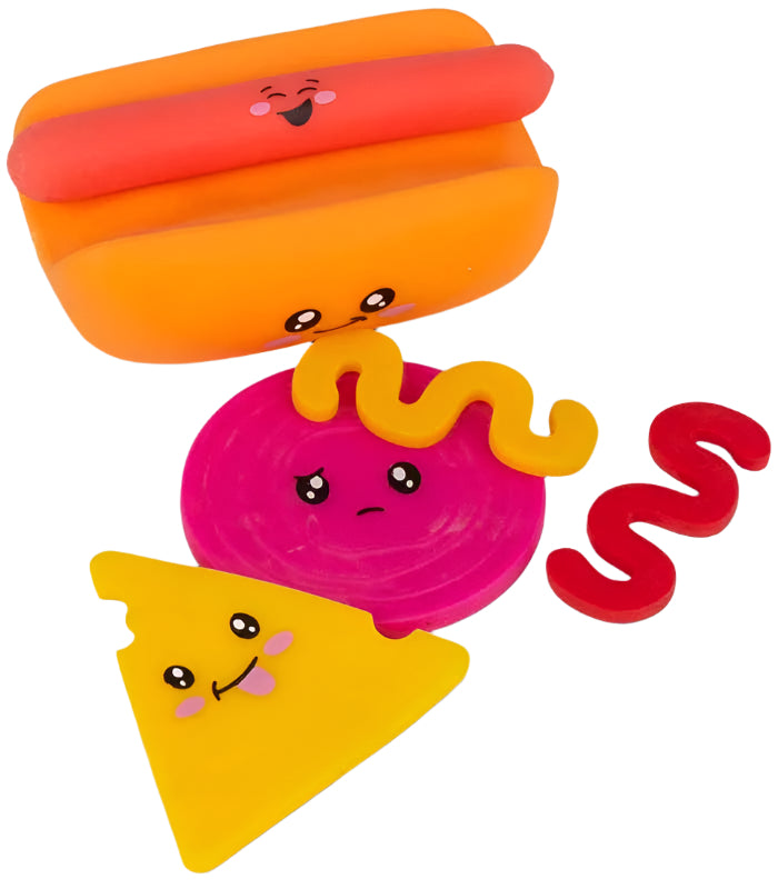 Colorful toy set with hot dog, onion, and cheese slices on a white background